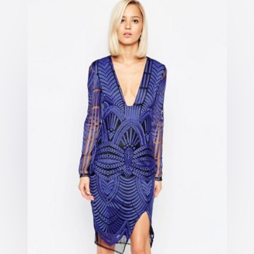 Lavish Alice Embroidered Wrap Midi Dress with Deep Plunge